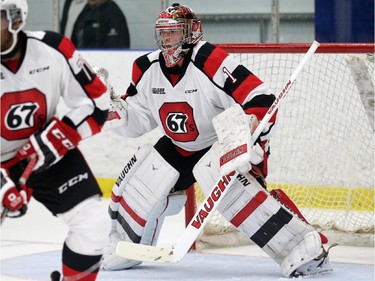 Ottawa 67's G Liam Herbst (1) played the entire 60 minutes vs. Gatineau Olympiques at the Nepean Sportsplex in Ottawa, Saturday, September 6, 2014. The 67's won the game 4-3.