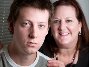 Adam, left, with his mother Judy McNally. Poehlmann's lymphona is in remission becauseof an expensive drug approved by the province last year.