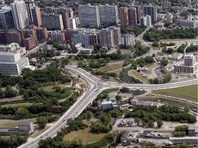 Aerial photo shows the intersection of Wellington Street and Portage Bridge.