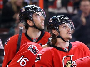 OTTAWA, ON: MARCH 18 2014 --Mika Zibanejad (R), Jason Spezza, Erik Karlsson and Jared Cowen of the Ottawa Senators celebrate their team's second goal against Henrik Lundqvist of the New York Rangers during first period of NHL action at the Canadian Tire Centre in Ottawa, March 18 2014.  Photo by Jean Levac/Ottawa Citizen For Ottawa Citizen story by , SPORTS Assignment #116431