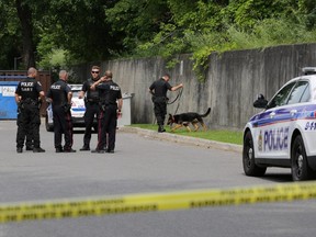 Ottawa police canine (K-9) unit helps investigate a west-end shooting around the vicinity of 121 Ritchie St. (Ottawa), Monday, July 21, 2014. A man called 9-1-1 after being shot in the left leg. The guns and gangs unit is investigating. Mike Carroccetto / Ottawa Citizen