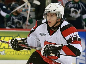 The Ottawa 67's Travis Konecny left the game against the Plymouth Whalers after taking an elbow to the head.