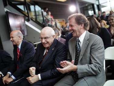 Ottawa University President Allan Rock, right, sits with Ottawa-Orleans MP Royal Galipeau in the University of Ottawa's Advanced Research Complex on September 30, 2014 during the official opening.