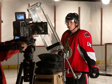 Patrick Wiercioch poses while shooting promos for TSN as the Ottawa Senators are given medicals and tested for strength and conditioning.