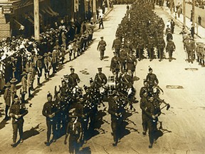 Led by their pipe band, the PPCLI “Originals” march along the streets of Ottawa as they depart for the battlefields of Europe.