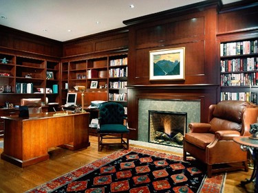The library is modelled on British ones. It’s very much a masculine room with its glowing cherry panelling and cabinetry built by Alfred Gruber, leather furniture, and fireplace.