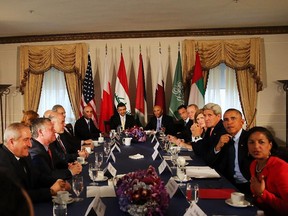 U.S. President Barack Obama and senior advisers meet with representatives from the five Arab countries plus Iraq who have participated in air strikes against ISIS in Syria early Tuesday on September 23, 2014 in New York City.
