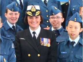 Rear-Admiral Jennifer Bennett, Chief Reserves and Cadets, inspecting air cadets from 66 Challenger Squadron in Thunder Bay, Ont. in May 2012.