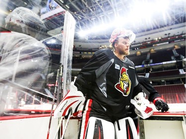 Robin Lehner of the Ottawa Senators walks off the ice after morning skate at the Canadian Tire Centre.