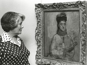 Former National Gallery director Jean Sutherland Boggs poses with one of her beloved Degas. (Edgar Degas. Woman with an Umbrella (Berthe Jeantaud), c. 1876. Purchased 1969. National Gallery of Canada.)