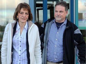 Sophie St. Jacques and her husband, Marc Bertrand, leave the Constellation courthouse Tuesday after giving testimony against Calypso Water Park.
