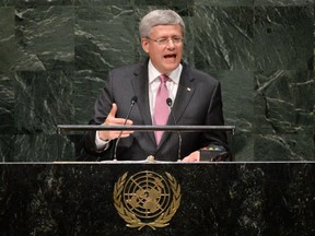Prime Minister Stephen Harper addresses the 69th session of the United Nations General Assembly at the United Nations headquarters in New York on Thursday, September 26, 2014.