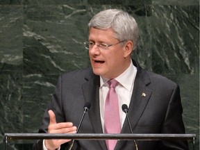 Prime Minister Stephen Harper addresses the 69th session of the United Nations General Assembly at the United Nations headquarters in New York on Thursday, September 25, 2014.