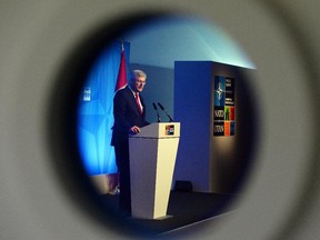Prime Minister Stephen Harper holds a closing press conference at the NATO Summit in Newport, Wales on Friday, September 5, 2014.