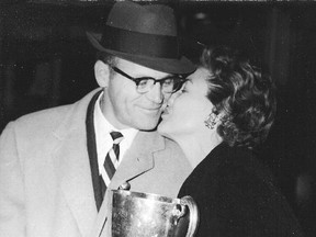 The 'Old Professor' gets his due at TD Plce Friday. Here Frank Clair celebrates the 1960 Grey Cup win with his wife Pat.