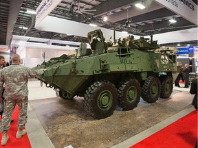 The LAV 6 armoured troop carrier on display as the annual trade fair for military equipment known as CANSEC took place at the EY Centre near the airport. Photo taken on May 28, 2014.