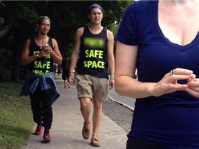 Two men were photographed near Carleton University wearing controversial t-shirts on Sunday afternoon.
Image has text on tshirt blurred out.