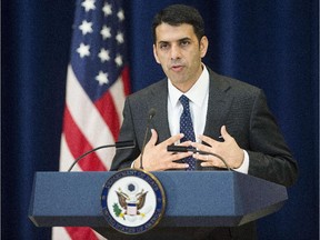 Newly appointed Special Representative to Muslim Communities Shaarik Zafar delivers remarks during a ceremony at the U.S. State Department in Washington, D.C., September 3, 2014. Secretary of State Kerry on Wednesday denounced the beheading of journalist Steven Sotloff as an act of "medieval savagery" and said the jihadists who killed him were not the true face of Islam.