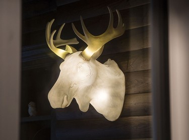 A glowing moose head is photographed  in the new Shopify offices at 150 Elgin St. in Ottawa Friday, October 17, 2014. Each coloured cabin-like structure is a work-space where employees can meet in private or work.