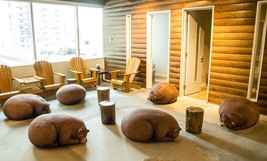 Unique spaces like this cabin-inspired are, complete with sleeping bear beanbag chair make for a creative working space in the new Shopify offices at 150 Elgin St. in Ottawa Friday, October 17, 2014. Each coloured cabin-like structure is a work-space where employees can meet in private or work. (Darren Brown/Ottawa Citizen)