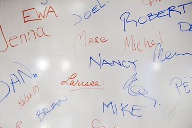 A white board is covered in names in the new Shopify offices at 150 Elgin St. in Ottawa Friday, October 17, 2014. The company is in a period of intense growth, looking to add substantially to their staff of over 500. (Darren Brown/Ottawa Citizen)