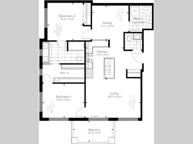 Floor plan of Flat 01, the smallest of the units offered at Créme Condominiums. It is a two-bedroom unit with 1,134 square feet.