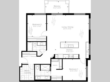 Floor plan of Flat 03, the largest of the flats offered at Créme Condominiums. The 1,279-square-foot plan features a separate ensuite for the master bedroom.