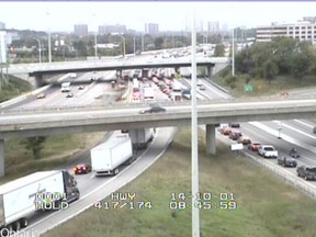 This image from a Ministry of Transportation camera at 8:45 Wednesday show traffic slowed to a crawl at Hwy. 417 and 174.