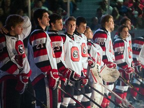 67's are introduced to the fans before the first period as the Ottawa 67's take on the Niagara Ice Dogs in their home opener at the renovated TD Place arena.