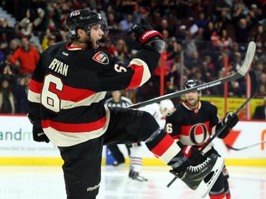 Bobby Ryan of the Ottawa Senators celebrates is goal against the Chicago Blackhawks during third period NHL action.