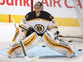 TORONTO, ON - OCTOBER 25:  Tuukka Rask #40 of the Boston Bruins faces a shot in the warm-up prior to playing against the Toronto Maple Leafs in an NHL game at the Air Canada Centre on October 25, 2014 in Toronto, Ontario, Canada.