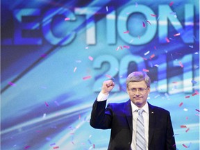 Conservative leader Stephen Harper waves to supporters as he celebrates the election of a Conservative majority government in the 2011 federal election.