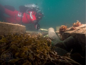 Parks Canada underwater archaeologist Filippo Ronca measures the muzzle bore diameter of one of two cannons found at the site of HMS Erebus, identifying it as a brass six-pounder.