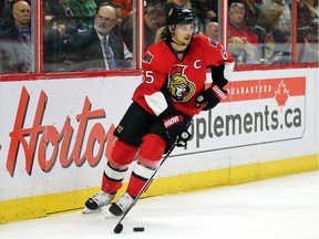 Captain Erik Karlsson looks to make a pass in the second period as the Ottawa Senators take on the Montreal Canadiens in pre-season NHL action.