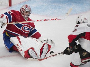 Montreal Canadiens goaltender Carey Price makes a second-period save against the Ottawa Senators' Mika Zibanejad, who would later score the game-tying goal in the third.