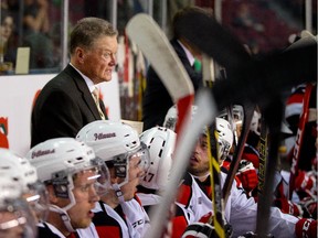 Hall of Famer Brian Kilrea, to mark his upcoming 80th birthday, takes up his old spot behind the Ottawa 67's bench on Friday, Oct. 17, 2014.
