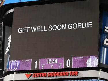A get well message to hockey legend Gordie Howe is shown on the video board during the game.