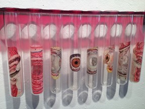 Cindy Stelmackowich's Red EYE (medical transparencies, plexiglasm test tubes, chrome), at the Enriched Bread Artists open house in Ottawa.