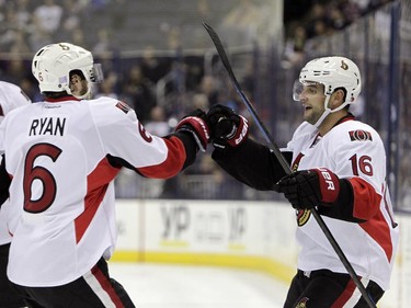 Ottawa Senators' Clarke MacArthur, right, celebrates his goal against The Columbus Blue Jackets with teammate Bobby Ryan during the third period.