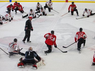 Coach Paul MacLean has the players stretch as the Ottawa Senators practice Wednesday afternoon at the Bell Sensplex.