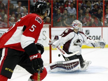 Cody Ceci watches as bobby Ryan's game tieing goal is scored on Calvin Pickard in the third period.