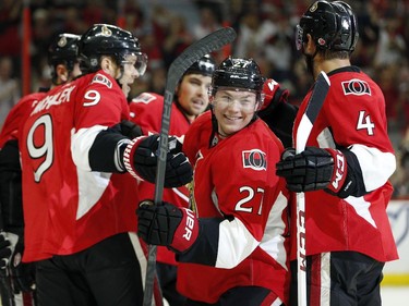 Curtis Lazar is all smiles after he assisted on the Ottawa goal in the first period.