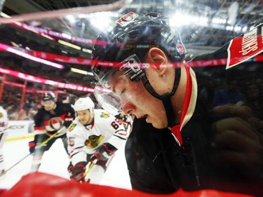 Curtis Lazar of the Ottawa Senators in action against the Chicago Blackhawks during second period NHL action.