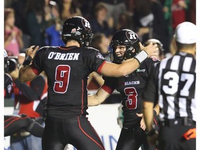 Danny O'Brien celebrates his touchdown pass against Winnipeg  on Oct. 23.