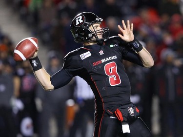 Danny O'Brien of the Ottawa Redblacks throws against the Hamilton Tiger-Cats during first half CFL action.