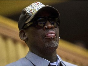 Dennis Rodman, looks out at the court at the end of an exhibition basketball game with U.S. and North Korean players at an indoor stadium in Pyongyang, North Korea on Wednesday, Jan. 8, 2014.