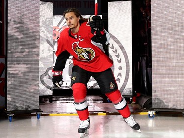 Erik Karlsson and the rest of the Senators are introduced at the start of the game.