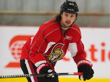 Erik Karlsson looks for a pass as the Ottawa Senators practice Wednesday afternoon at the Bell Sensplex.