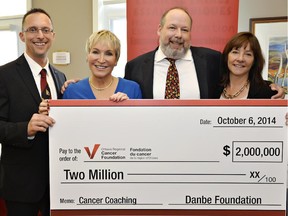 The Ottawa Regional Cancer Foundation got a $2-million boost Monday for its cancer coaching program. Pictured, from left: Foundation Vice-President of Philanthropy John Ouellette, donors Barbara Crook and Dan Greenberg, and Foundation president Linda Eagen.