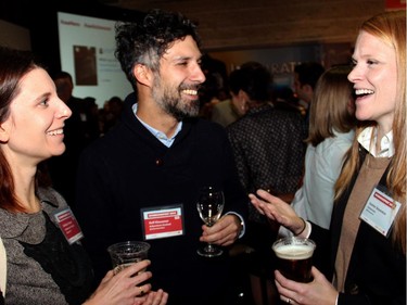 From left, Arboretum Music Festival managing director Stéfanie Power and artistic director Rolf Klausener mingle with Joanne Steventon at Schmoozefest 2014.